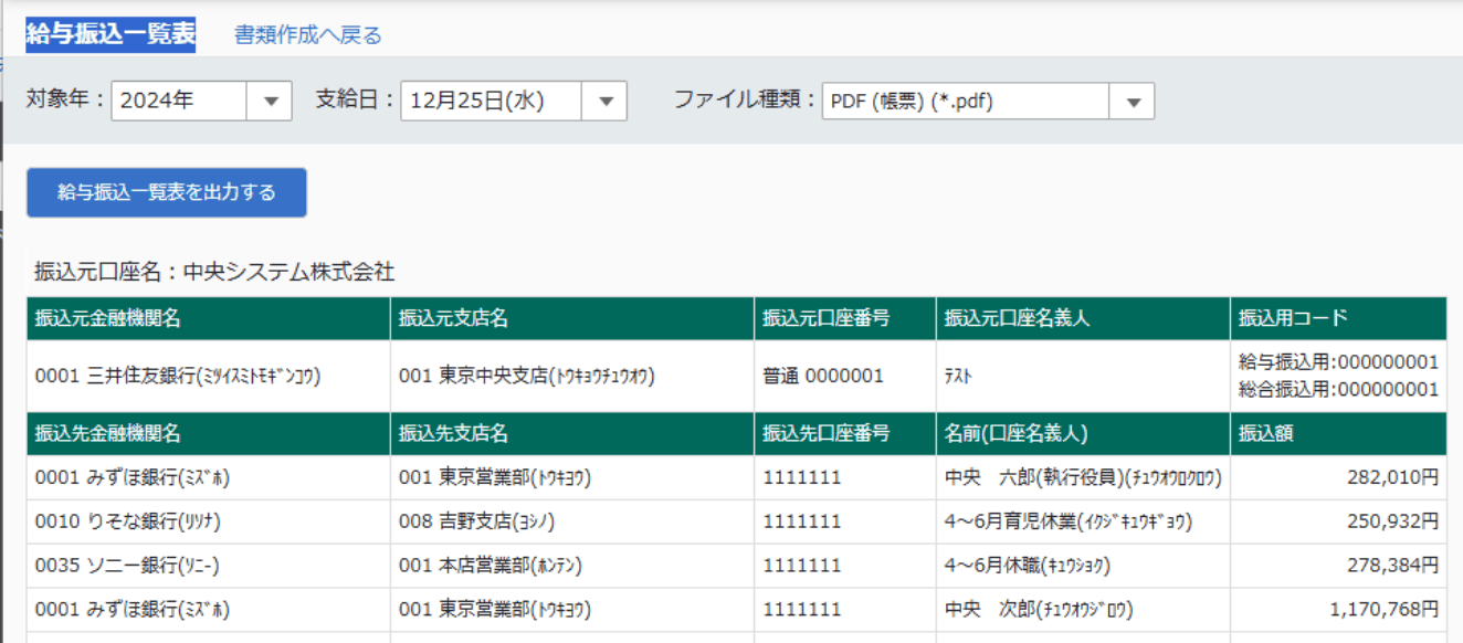 給与振込一覧表